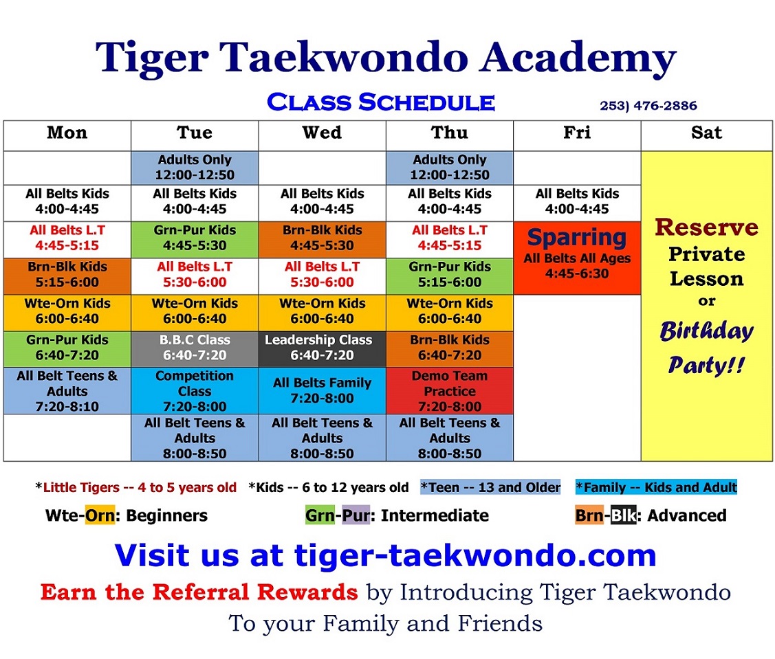 Schedule & Events Tiger Taekwondo Academy